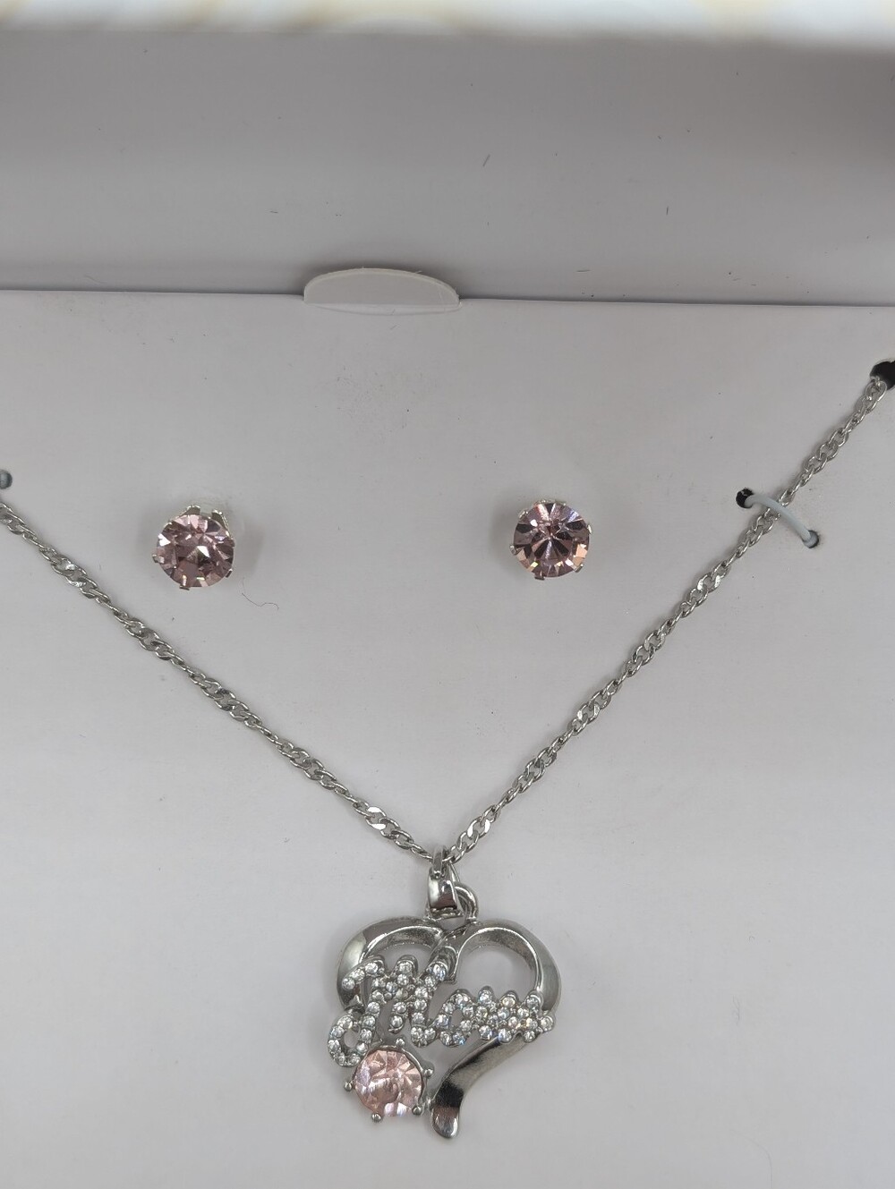 Charter Club Silvertone MOM Pendant Necklace Set with Pink Crystal Earrings NEW!